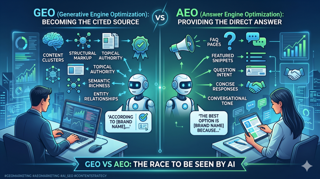 Illustration showing AI-powered search and GEO vs AEO optimization.