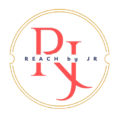 Reach by JR freelance digital marketing brand logo featuring interlocking red coral serif initials R and J enclosed within a circular gold border line
