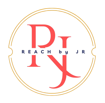 Reach by JR freelance digital marketing brand logo featuring interlocking red coral serif initials R and J enclosed within a circular gold border line