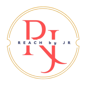 Reach by JR freelance digital marketing brand logo featuring interlocking red coral serif initials R and J enclosed within a circular gold border line.