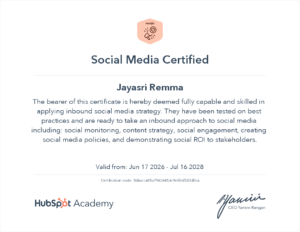 HubSpot Academy Social Media Certified certificate awarded to Jayasri Remma, valid from June 2026 to July 2028