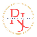 Reach by JR freelance digital marketing brand logo featuring interlocking red coral serif initials R and J enclosed within a circular gold border line.