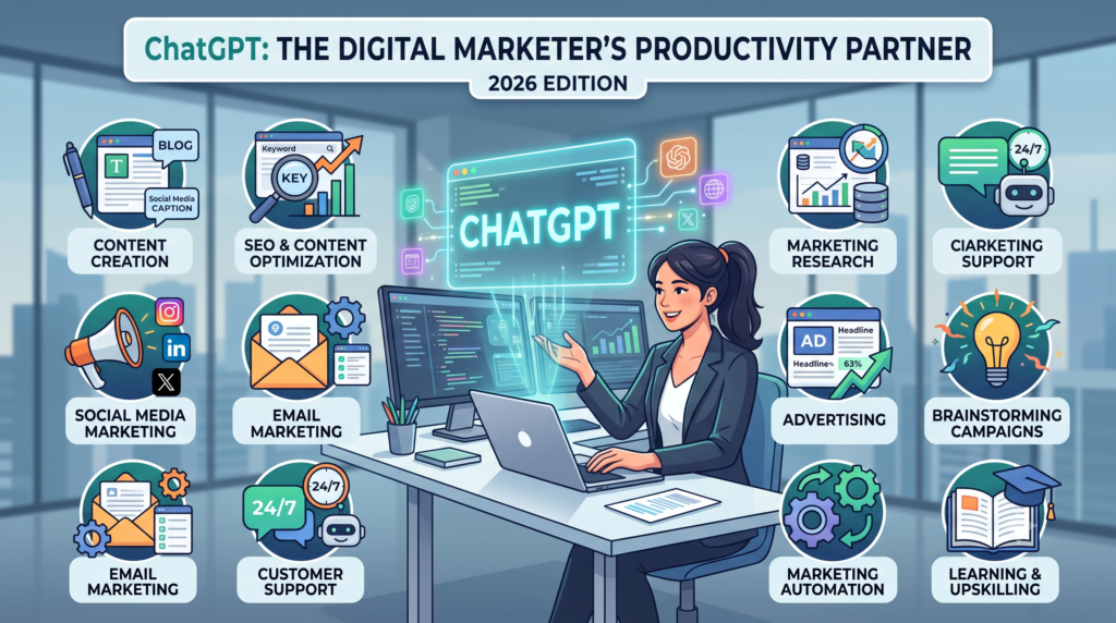 Digital marketer using ChatGPT to create marketing content.