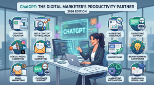 Digital marketer using ChatGPT to create marketing content.