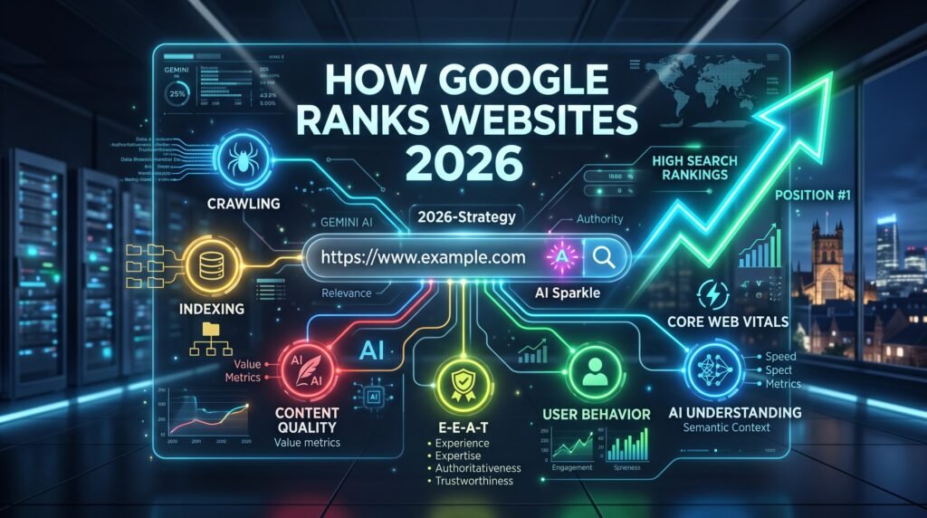 An infographic guide on a futuristic screen titled "HOW GOOGLE RANKS WEBSITES 2026," showcasing interconnected strategy factors like AI, E-E-A-T, crawling, and user behavior.