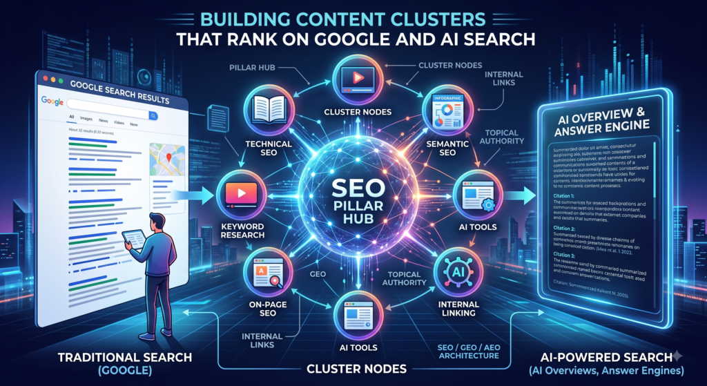 Content clusters connecting pillar pages and supporting articles for Google and AI search