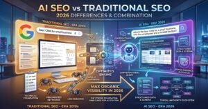 Infographic comparing AI SEO vs traditional SEO in 2026, showing how technical foundations and AI optimization combine for maximum organic search visibility.