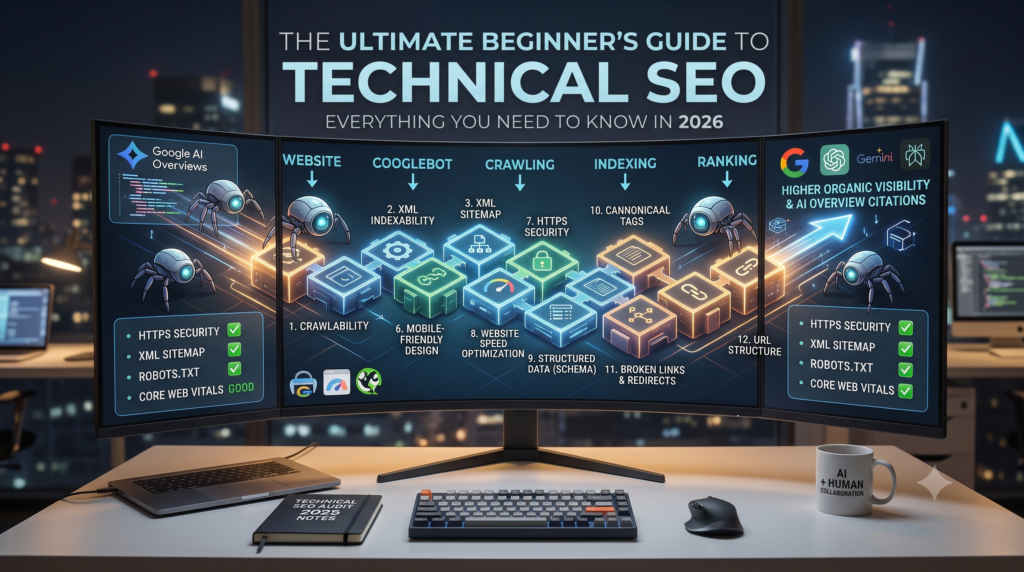 A digital infographic on a computer monitor mapping out the ultimate beginner's Technical SEO Guide, showing the workflow from crawling to indexing, and highlighting optimizations for Google AI Overviews and Gemini.