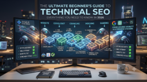 A digital infographic on a computer monitor mapping out the ultimate beginner's Technical SEO Guide, showing the workflow from crawling to indexing, and highlighting optimizations for Google AI Overviews and Gemini.